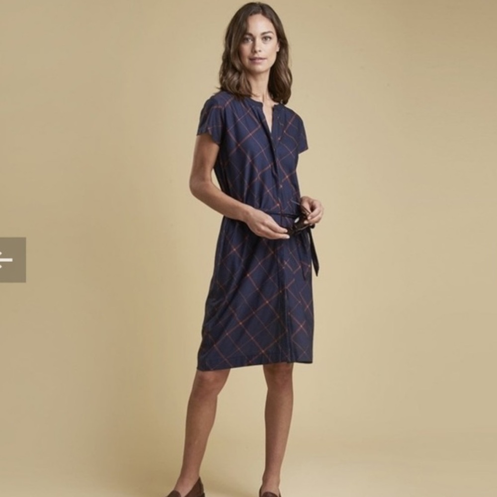Barbour Blue and White Sheath Dress V-Neck Cap Sleeve